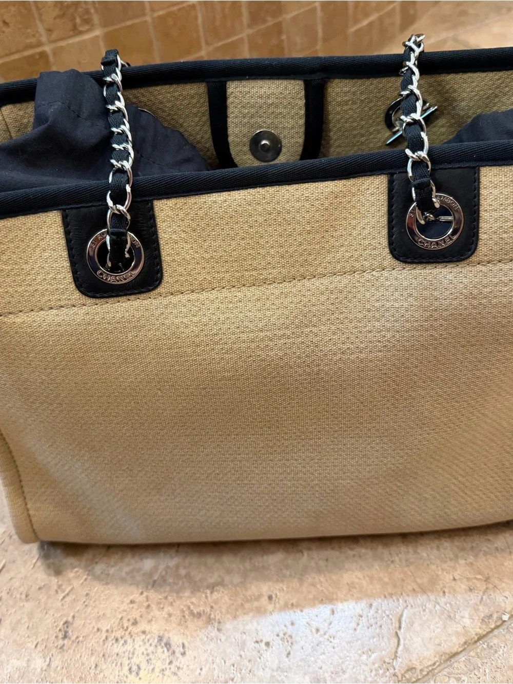 CHANEL small Beige Canvas Logo Tote with Black Trim and Chain Straps - Picture 6 of 16